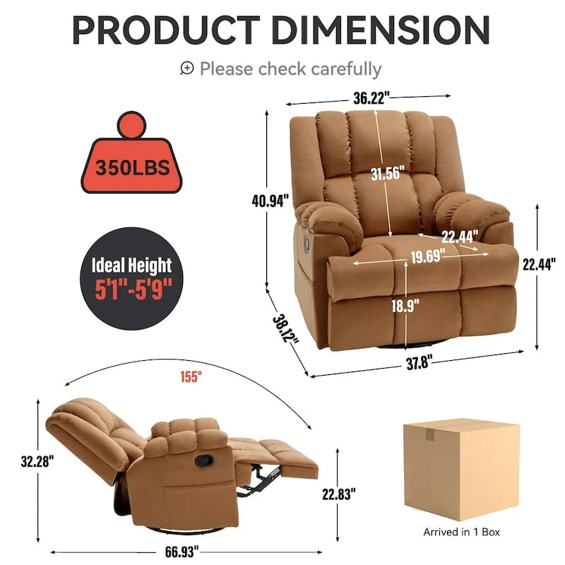 Fauteuil inclinable manuel vert surdimensionné avec fonction pivotante et à bascule, revêtement en tissu