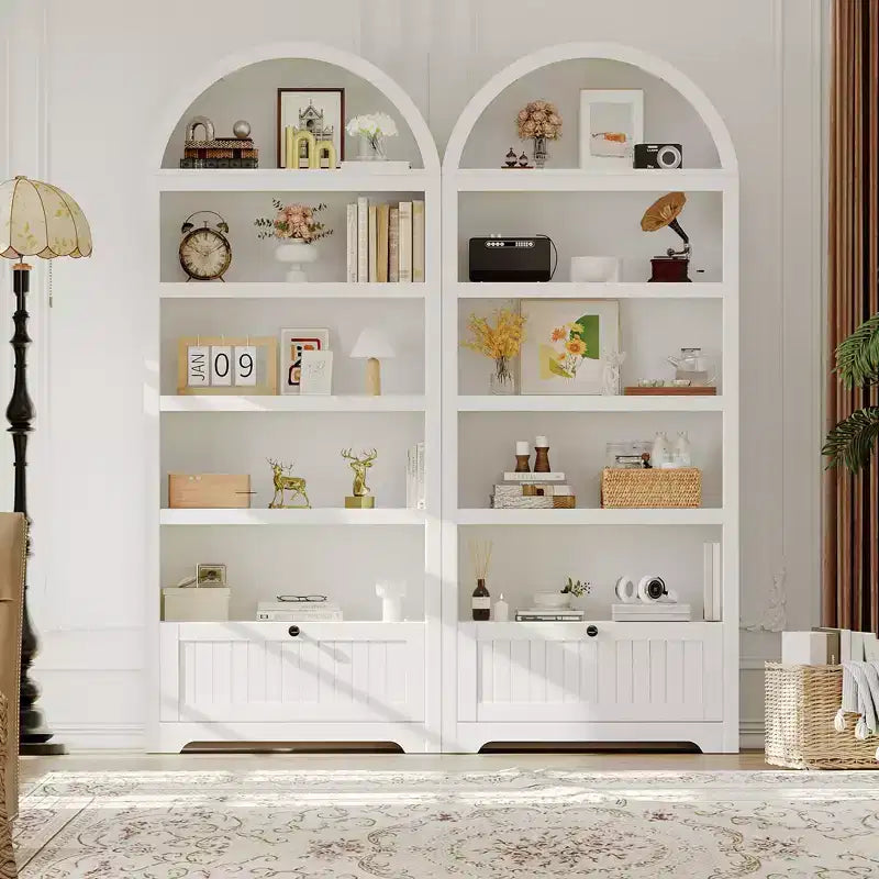 Bibliothèque arquée de 72 pouces avec tiroir de rangement, meuble vitrine moderne en bois à 6 niveaux avec étagères ouvertes et tiroir inférieur, porte d’armoire incurvée
