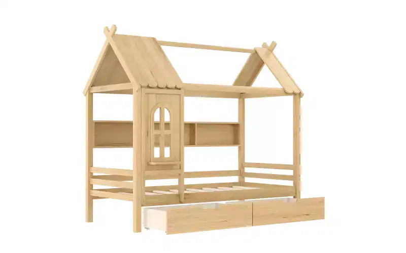 Huisbed met opberglades en raam, frame van massief hout met planken, speels kinderontwerp, lichtwit