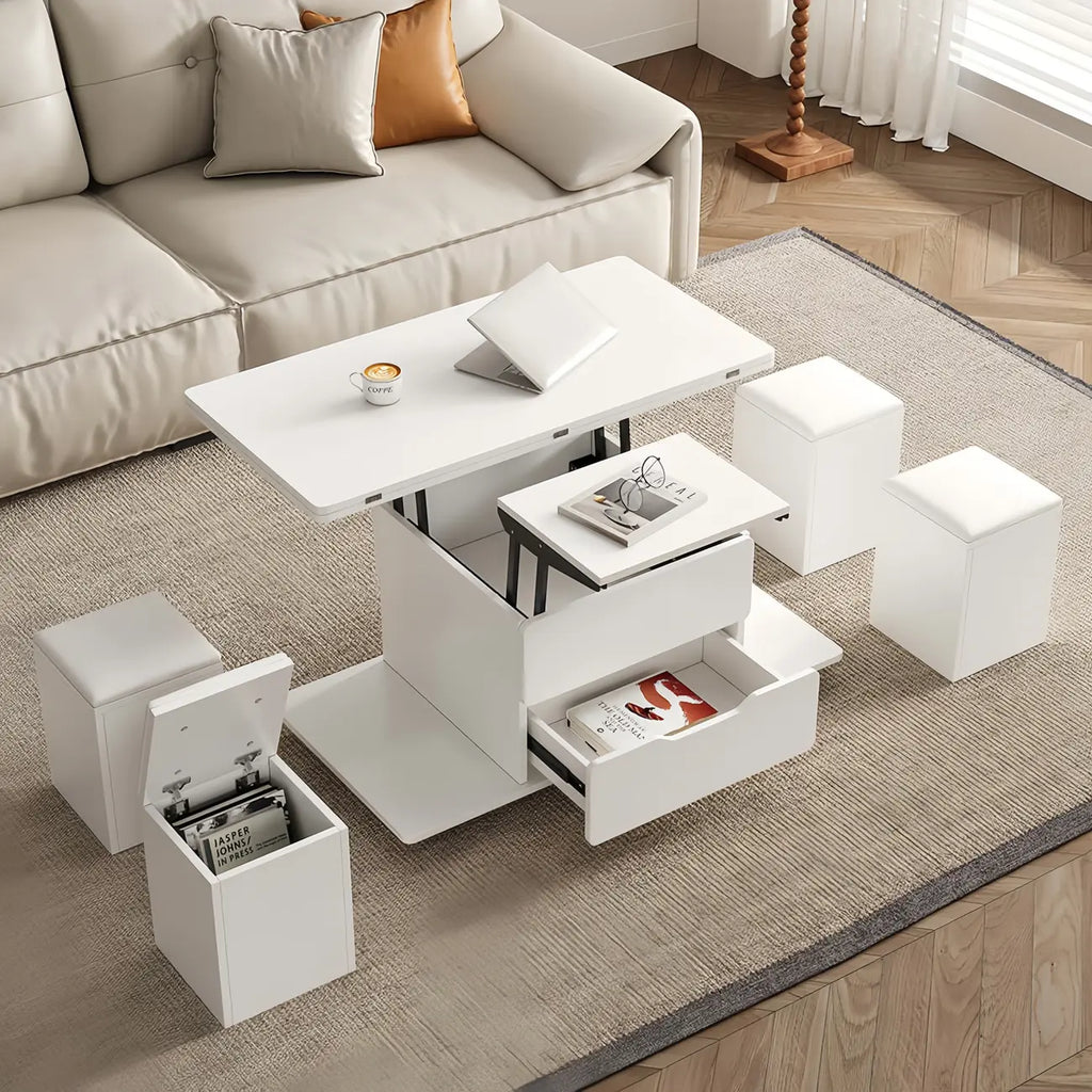 Klappbarer Couchtisch mit Hubplatte, 4 Hockern und Stauraum