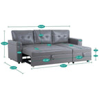 Canapé d’angle convertible et réversible avec lit escamotable, méridienne avec rangement dissimulé et pieds robustes