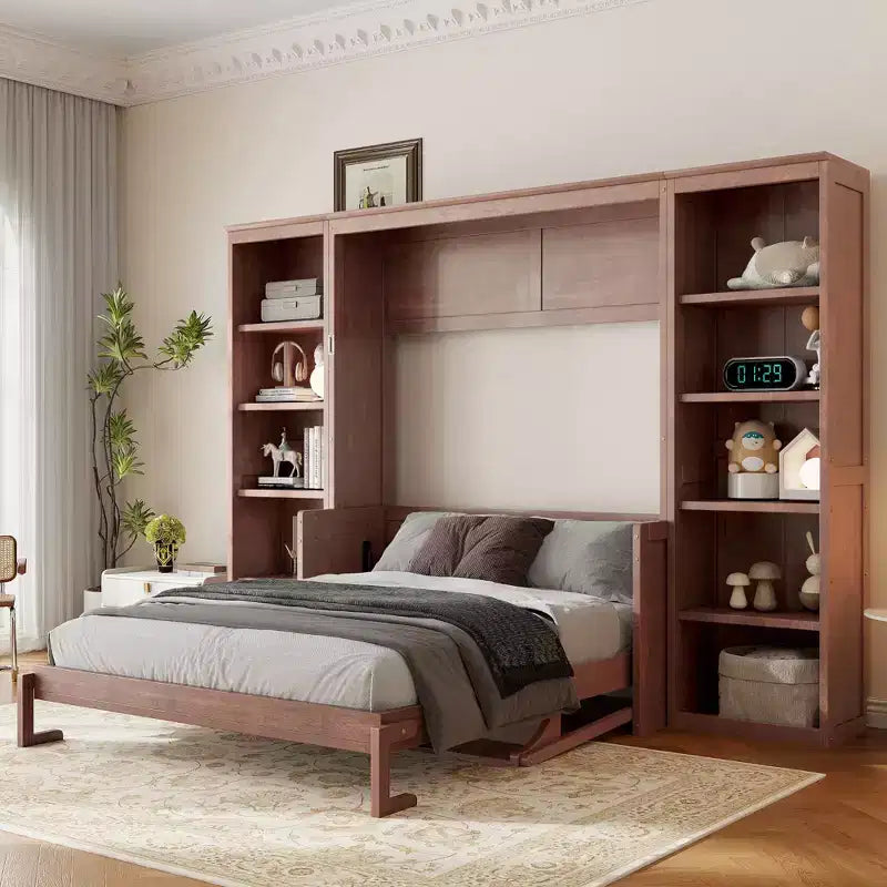 Opklapbed voor een tweepersoonsbed/queensize bed, ruimtebesparend wandbed met bureau en boekenkast, donkerbruin - ModernLuxe