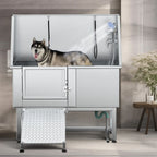 50'' W Stainless Steel Adjustable Pet Grooming Tub with Steps Ramp