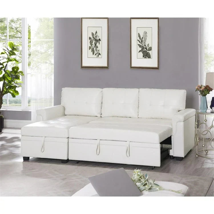 Canapé d’angle convertible et réversible avec lit escamotable, méridienne avec rangement dissimulé et pieds robustes
