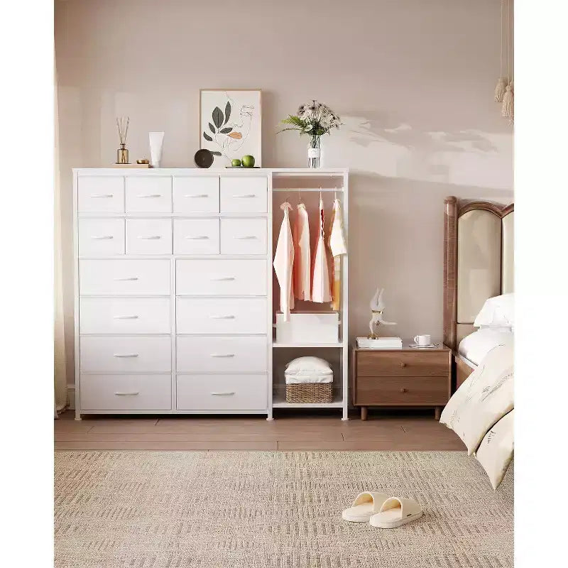 Kommode mit 16 Schubladen, Kleiderstange und Regalen, Stoff-Aufbewahrungsorganizer für Schlafzimmer, Kleiderschrank oder Eingangsbereich