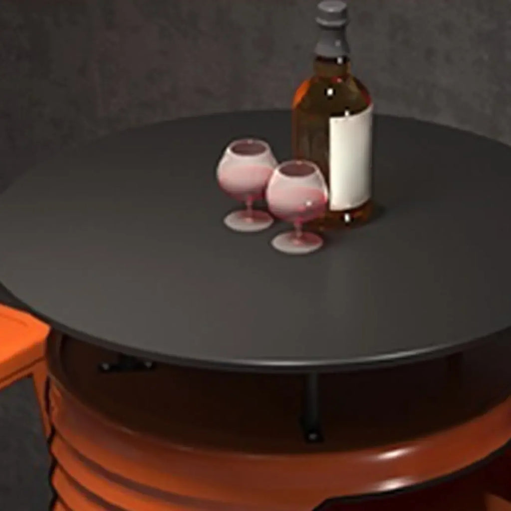 Tables de bar industrielles en métal noir et orange, en forme de fût, avec rangement