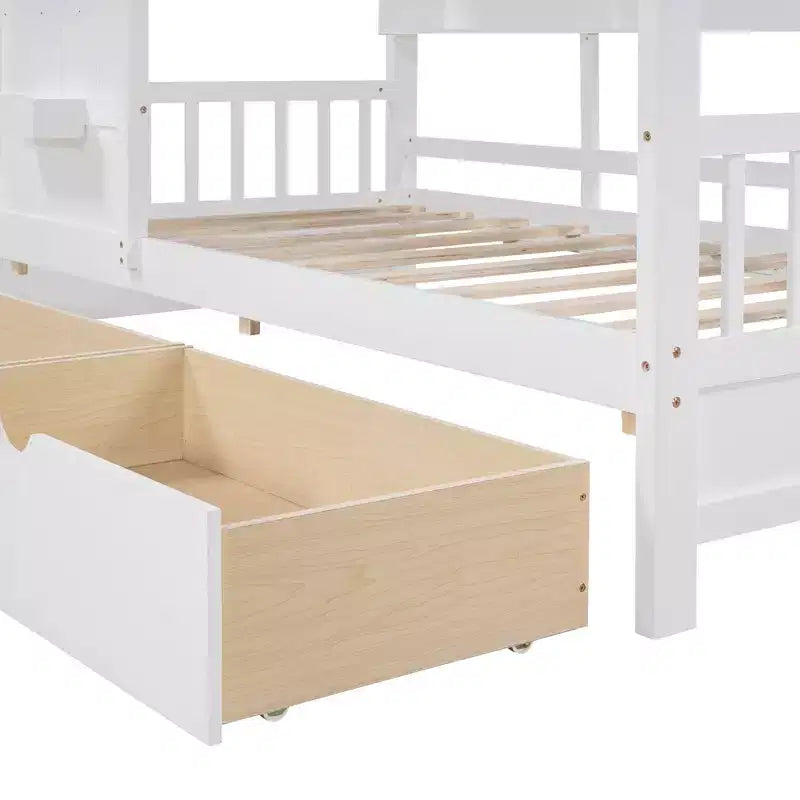 Drewniane łóżko domek w rozmiarze Twin/Full z 2 szufladami, łóżko dziecięce z półką do przechowywania - ModernLuxe
