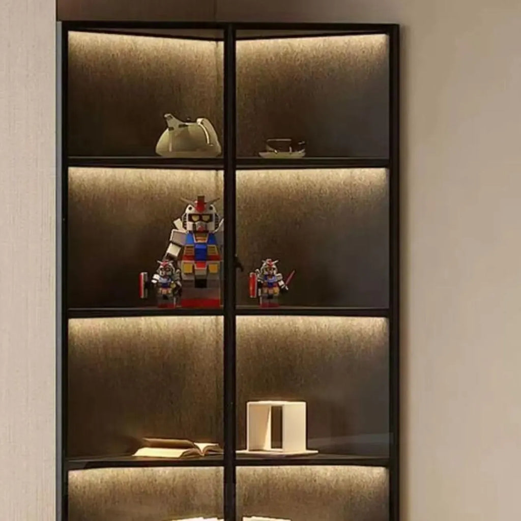 Vitrine d'angle moderne en métal et bois gris avec porte vitrée