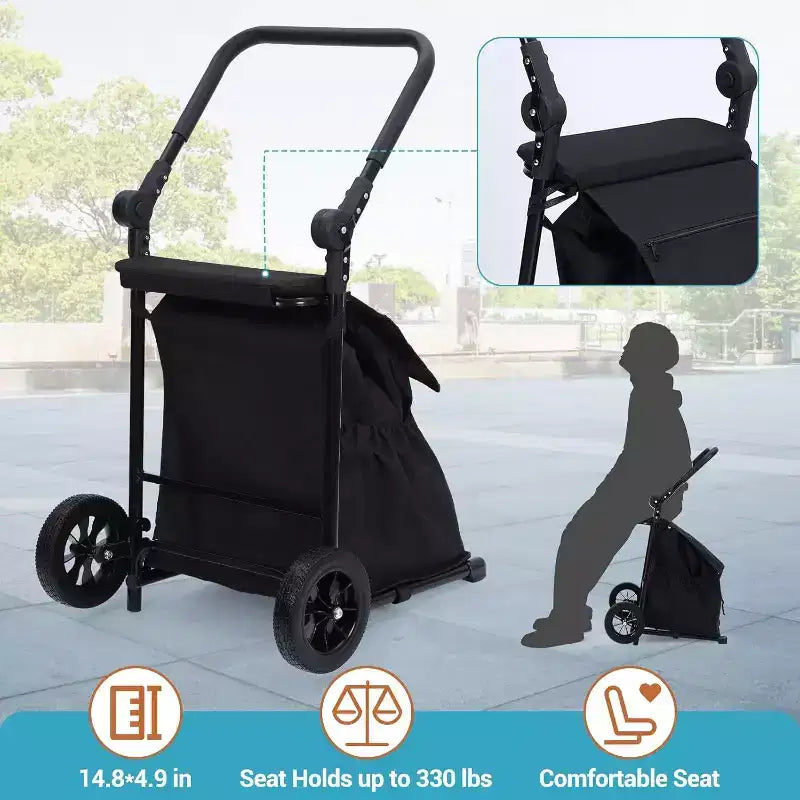 Acekool 2-in-1 klappbarer Transportwagen mit abnehmbarer wasserdichter Tasche, dickem Sitzpolster und verstellbarem rutschfestem Griff, Schwarz