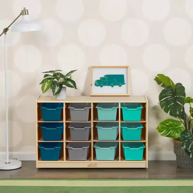 Meuble mobile à casiers avec plateau et 15 bacs à façade incurvée, 3x4, mobilier pour enfants