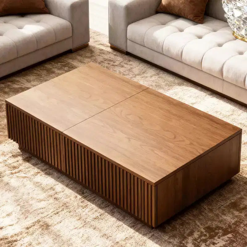 Stolik kawowy w stylu mid-century modern z podnoszonym blatem, orzechowy, prostokątny stolik do salonu 51.1