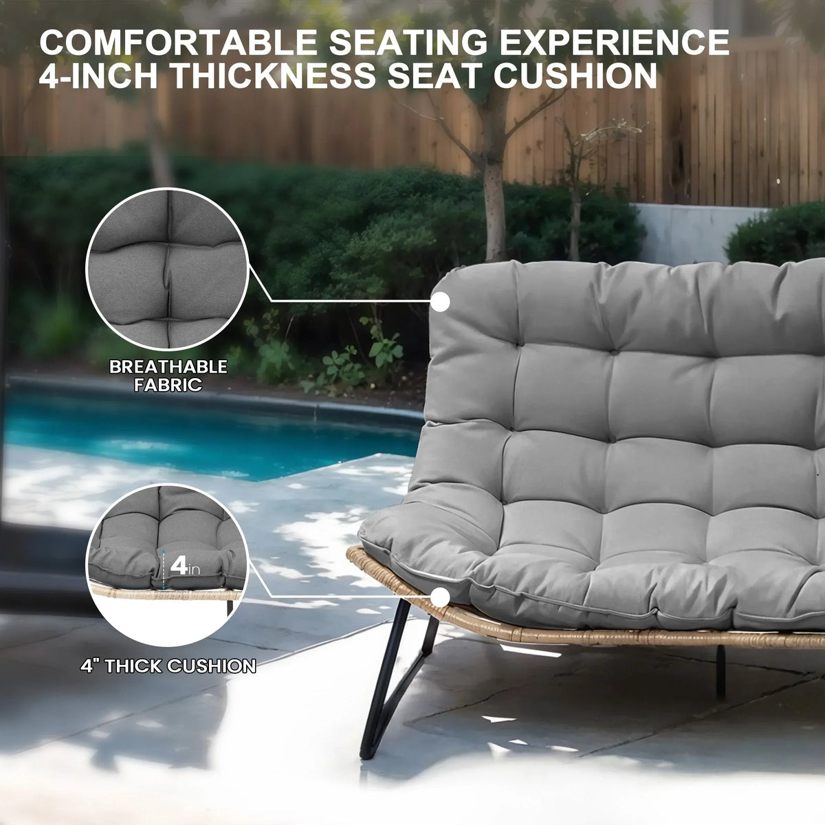 Dubbele papasan-loveseat met kussen, weerbestendig PE-rotan en metalen frame voor binnen en buiten