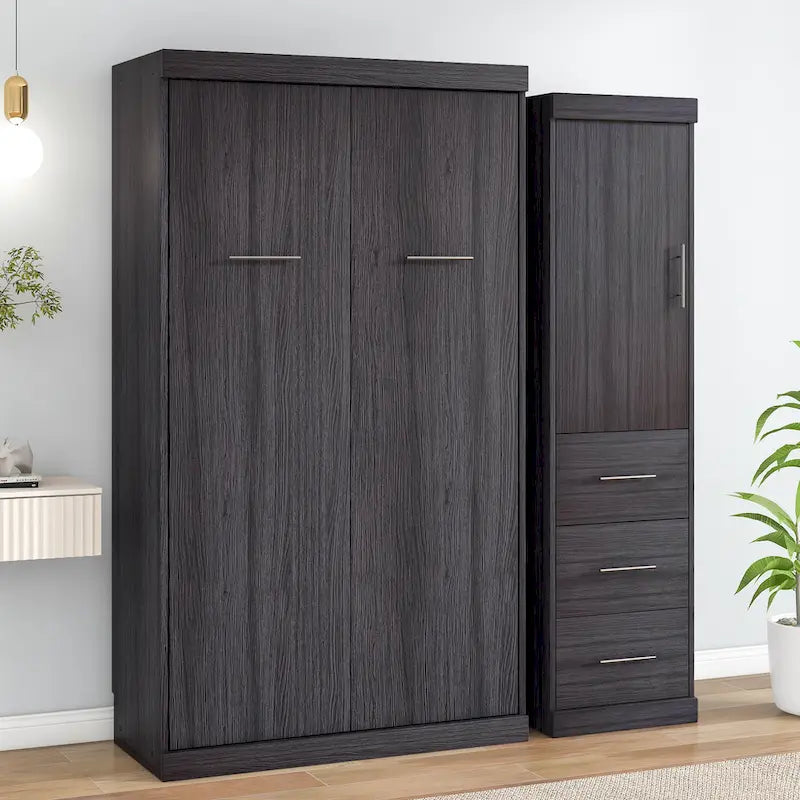Grijs opklapbaar wandbed met kledingkast en 3 laden, tweepersoonsbed/eenpersoonsbed, voor 1 persoon