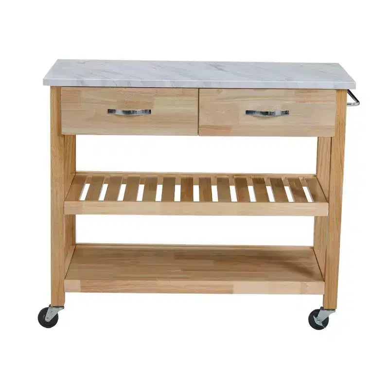 Verrijdbare keukentrolley met marmeren blad, kookeiland van massief hout met 2 lades, keukentrolley met 3 niveaus, vergrendelbare afneembare wielen en handdoekrek