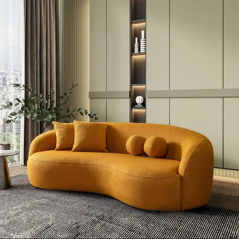 Blaine luxe, moderne gebogen bank van boucléstof in Japandi-stijl