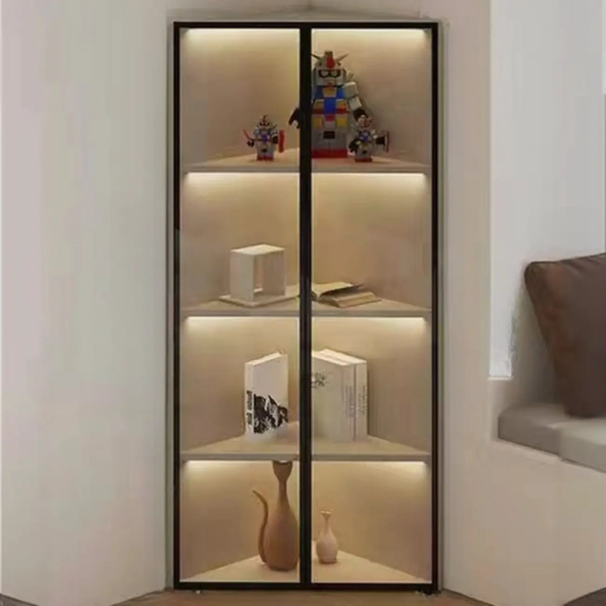 Vitrine d'angle moderne en métal et bois gris avec porte vitrée