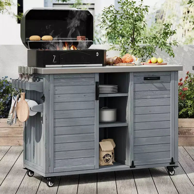 FAMYYT buitenkeukeneiland van 78.3 inch met roestvrijstalen werkblad, inklapbaar BBQ-station en opbergkasten, grijsblauw