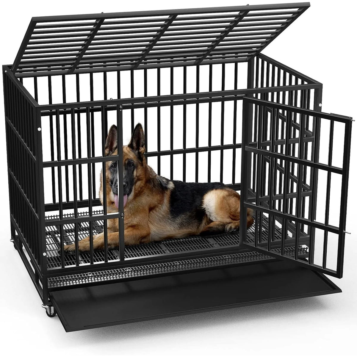 BOSSIN onverwoestbare hondenbench van 48/38 inch voor zwaar gebruik, ontsnappingsbestendige hondenkooi met vergrendelbare wielen