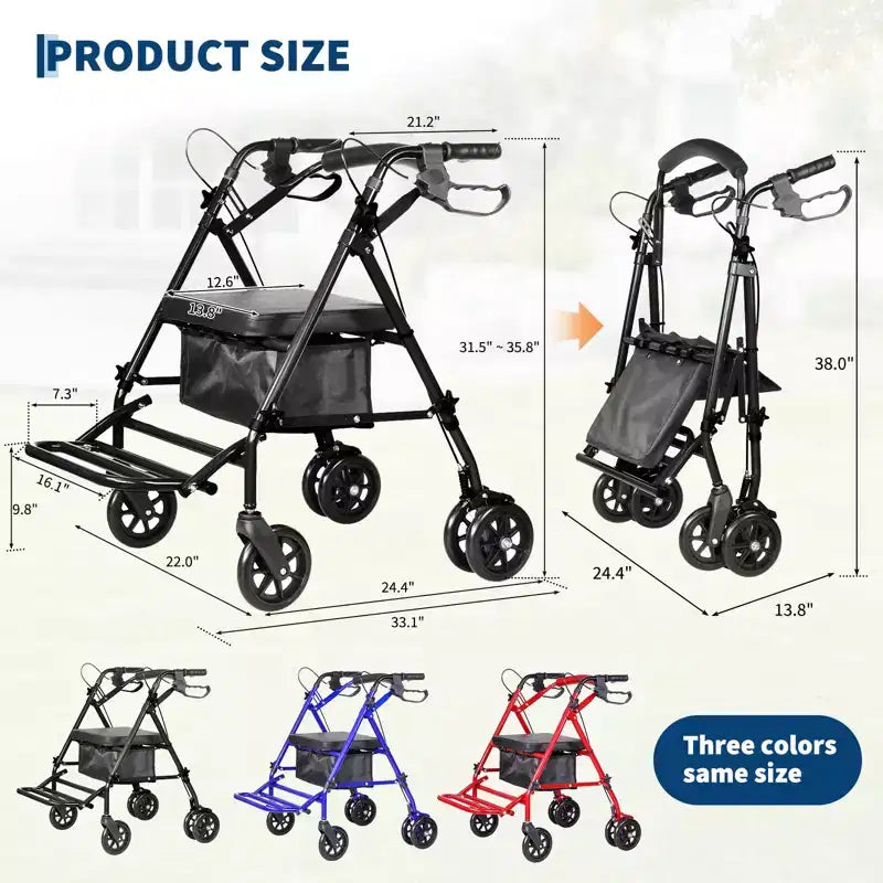 Tragbarer, zusammenklappbarer Rollstuhl für Erwachsene, Tragkraft 299lb, 6 Räder, höhenverstellbar, Stauraum unter dem Sitz, bequemer Sitz und Fußpedale